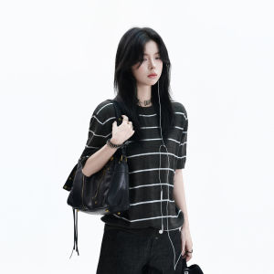 zuocisankon | Relaxed Striped Knit Top Short Sleeve For Summer