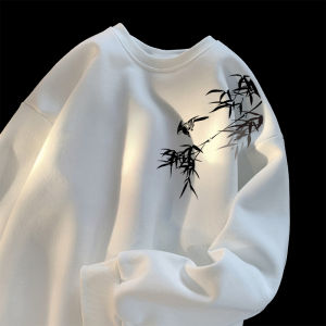 White Loose Fit round Neck Sweatshirt Mens New Style Autumn Winter Cotton Knitted Printed Casual Streetwear T-Shirt