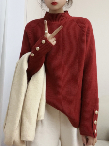 เสื้อสเวตเตอร์คอปกสูงครึ่งตัวสีแดงหนาสำหรับผู้หญิงไซส์ใหญ่ เสื้อสเวตเตอร์ถักหลวมๆ ฤดูใบไม้ร่วง/ฤดูหนาว เสื้อแขนยาวทรงปกติ