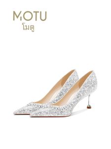 รองเท้าส้นสูงสไตล์เจ้าหญิงแม่บ้าน เดรส รองเท้าสบายรองเท้าแต่งงานสีเงินสําหรับเพื่อนเจ้าสาวสวมใส่ทุกวันตรงกับกระโปรง