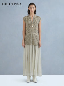 Cello Sonata | Sleeveless Retro Knitted and Mesh Double Layer V-Neck Dress
