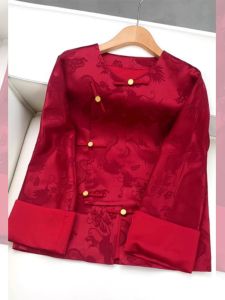 Red Chinese Zodiac Year Improved Acetate Jacket Womens Floral Embroidery High-End Sensation Spring Autumn Loose Fit Long Sleeve