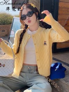 Soft Knitted Embroidered Bear Sweater Coat Womens Autumn College Style Long Sleeve Warmth Outerwear Daily Straight Cut Fit