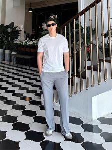 กางเกงขายาวทรงตรงผ้าไหมน้ำแข็งสำหรับผู้ชาย กางเกงขายาวทรงตรงหลวมสบาย ๆ ทรงตรง ทรงหลวม ทรงลำลอง ทรงหลวม กางเกงขายาวสำหรับออกกำลังกาย