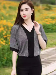 WANGGONGZHU | Shiny Thread Splice Short Sleeve T-Shirt Women Summer New Fashion Loose Ageless Elegance Top V-neck Regular-length Pure Color