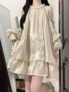 French Satin Birthday Mini Dress Women Summer New Loose Slim Fairy Shoulder Bared Neckline Gown round Neck Long Sleeve Short Skirt