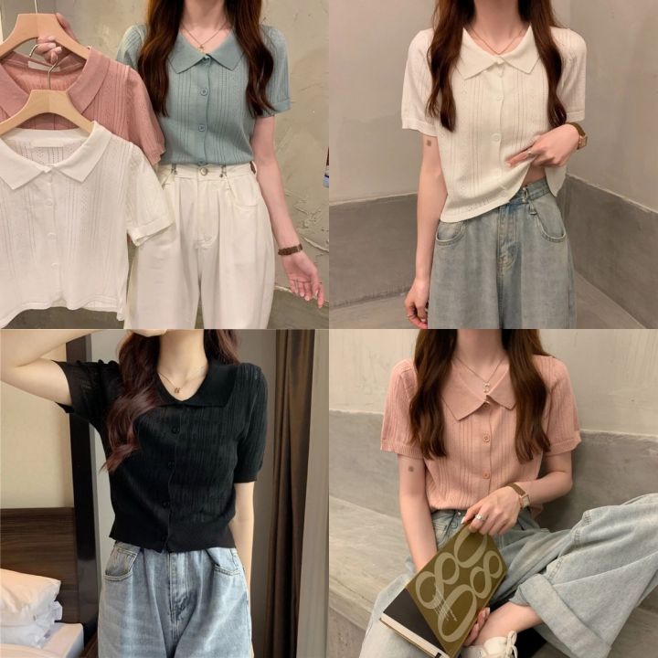 ttshopพร้อมส่ง เสื้อไหมพรมแขนสั้นสุดน่ารัก คอปกกระดุมน่ารัก | Lazada.co.th