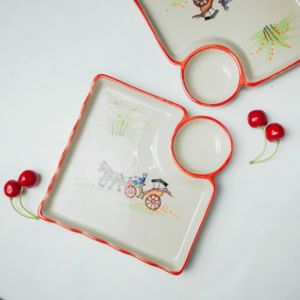 จานกระเบื้อง จานออเดิร์ฟ จานออเดิร์ฟ เซรามิค ขนาด 7นิ้ว จาน 2 ช่อง จานมีช่องใส่น้ำจิ้ม จานทรงสี่เหลี่ยม เข้าไมโครเวฟได้