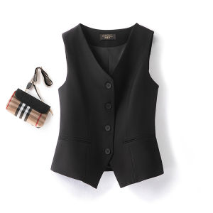 Black Short Suit Vest Womens Fashionable Slim Fit Layering Top V-Neck Button Detail Polyester Fiber Commute Style