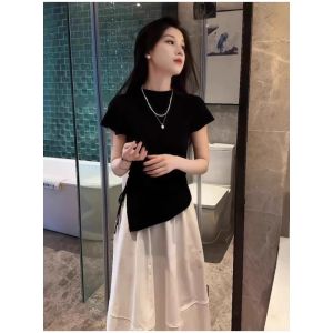 Áo Thun Nữ Tay Ngắn Cổ Tròn Màu Đen Thời Trang Mùa Hè Phong Cách Hàn Quốc Tay Lửng Cổ Tròn Tay Ngắn Chất Liệu Cotton Phong Cách Đường Phố