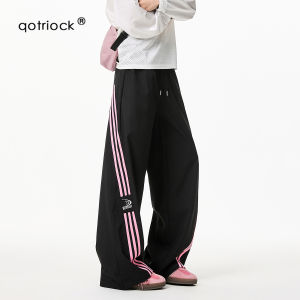 American Style Quick Dry Three Bar Casual Pants Loose Ice Silk Wide Leg Pants for Men And Women Autumn Trendy Loose Color Block Knife Edge Sweatpants