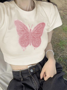 Chic Short Sleeve Cotton T-Shirt Womens Summer Fashionable Sweet And Spicy Style Butterfly Print Streetwear Bodycon Top