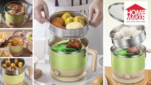 Bear DRG-C1203 Multi-functional 1 Liter Stainless Steel Electric Cooker/Hot Pot with Glass Lid and Steam Rack