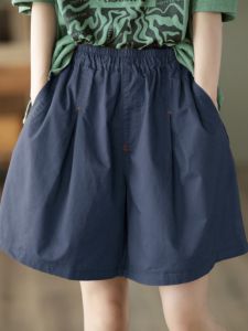 กางเกงขาสั้นทรงหลวมเอวยางยืดสีน้ำเงินเข้มสำหรับผู้หญิง กางเกงขายาวทรงหลวมสบาย ๆ สำหรับฤดูร้อน กางเกงขายาวทรงหลวมสำหรับผู้หญิง