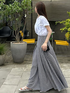 Fall Vintage High Waist Slim Checkered A-Line Mini Skirt Women Casual Versatile Elastic Waist Wide Hem A-Long Skirts
