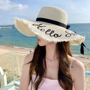Womens Straw Hat Large Brim Sunshade Beach Holiday Fishing Village Style Casual round Top Hat Spring Summer Autumn Travel