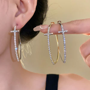 Sparkly Exquisite Rhinestones Hoop Earrings for Women Large Hollow Out Round Ear Buckles High-end Geometric Huggie Earrings