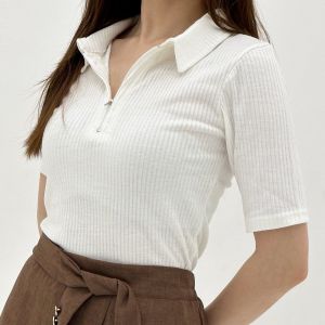 AMstore999 - Liryn Top - Atasan Baju Polo Wanita - Rib Knit Wowen Zipper Top - Atasan Lengan Pendek Wanita