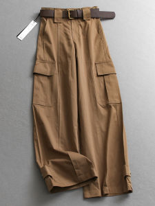 High Waist Casual Pants with Big Pockets Side Zipper Loose Straight Leg Workwear Trousers for Women Cotton Summer Pants