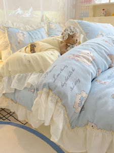  Floral Cotton Bedding Set Three-Piece Quilt Cover Sheet Bedding Set Cute Cartoon Design Allergy Free Breathable Sleep