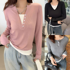 2024 New Arrival Fake Two-Piece T-shirts Womens Spring K-style Long Sleeves Bottoming Shirt Loose Slim Looking Plus Size Easiest for Match V-neck Tops