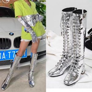 Kids Flat Heel High Leg Boot Gold Silver Bright Patent Leather Martin Boots for Girls Model Competition Stage Performance and Catwalk Shoes