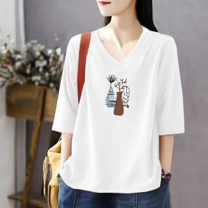 เสื้อยืดคอวีแขนสั้นผ้าฝ้ายแท้ทรงหลวมสำหรับฤดูร้อน เสื้อเชิ้ตผู้หญิงทรงหลวม ปกปิดหน้าท้อง ทรงเข้ารูป เสื้อเชิ้ตแขนสั้น