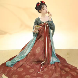 Spring Summer Tang Dynasty Style Cheongsam Womens Thin Bared Collar Set High Waist Long Sleeve Long Skirt Hanfu Clothing