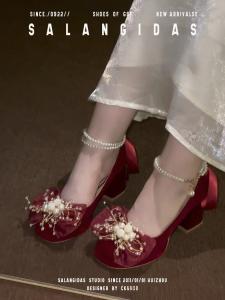 Red Flower Engagement Shoes Wedding High Heels Beautiful French Style Mary Janes Thick Heel Princess Style Velvet Material
