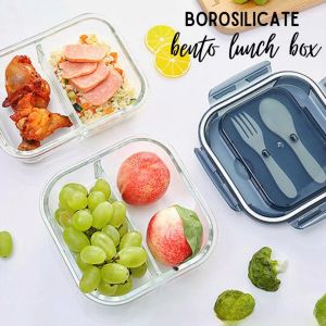 Borosilicate Glass Bento Lunch Box: Airtight Leakproof Food Container with Spoon & Fork