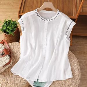 เสื้อเชิ้ตผ้าลินินสีพื้นปักลายทรงหลวมสำหรับผู้หญิงในช่วงฤดูร้อนปี 2025 เสื้อเชิ้ตแขนยาวแบบลำลองสำหรับใส่ไปทำงานสไตล์เกาหลี