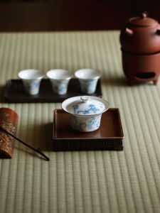 MIBAIYANWU | Tách Trà Gaiwan Sứ Bạc Viền Vẽ Tay Xanh Trắng