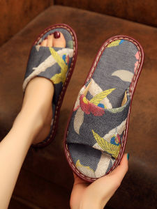 รองเท้าแตะผ้าลินินพิมพ์ลายจีนฤดูร้อนสำหรับผู้หญิงในบ้านคู่กันกันได้กันลื่นพื้นยางรองเท้าแตะผ้าฝ้ายลินินสำหรับผู้ชาย