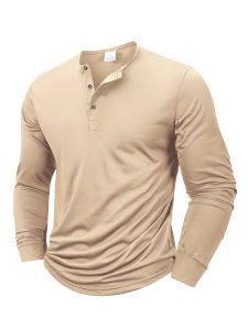 Mens Long Sleeved Henley Neck T-shirt Button Solid Color Casual Sports T-Shirt Casual Cozy Tshirt with High Elasticity