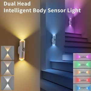 Double-head Spotlight Wall Lamp LED Rechargeable Night Light with Motion Sensor for Corridor Stairs Tri color White RGB Optional