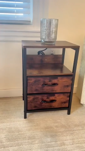 Nightstand Bedside Table with Charging Station 3 Layer Storage Cabinet Large Capacity Solid Wood Side Table with 2 Drawer 2 Coutertop End Table for Bedroom Living Room