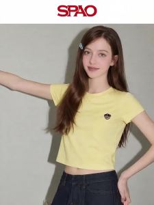 spao | Áo Thun Slim Fit Màu Vàng Sữa Cổ Tròn Tay Ngắn