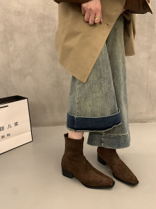 Fleece Lined Martin Boots Womens Slim Fit Chunky Heel Square Toe Short Boots Fashionable Autumn Winter New Style French Style