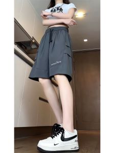 กางเกงขาสั้นทำงานผ้าไหมน้ำแข็งสำหรับผู้ชาย ทรงหลวม 5 จุด ทรงหลวม สไตล์อเมริกัน กางเกงขายาวลำลอง ทรงหลวม ทรงหลวม