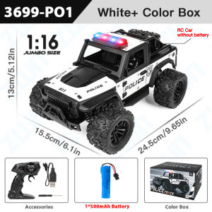 ZWN 1:16 Alloy High Speed Off-Road Police Truck RC Car with Music Sound and LED Lights Outdoor Toy 2.4G Remote Control Cars