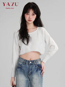 เสื้อยืดคอกลมแขนยาวสีขาวสไตล์หวานและเผ็ดร้อนสำหรับผู้หญิงในฤดูใบไม้ผลิ ทรงเข้ารูป ทรงสั้น ดีไซน์ไม่สมมาตร เสื้อตัวบน