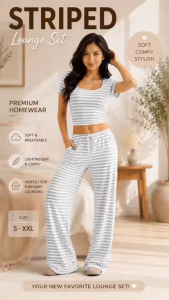 QMissLin Phụ Nữ Sọc Bộ phòng chờ Cổ Vuông Áo ngắn tay quần ống rộng mềm mại thoải mái Homewear Bộ đồ ngủ QML-0059 S-XXL