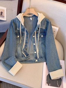Womens Spring Autumn Hooded Denim Jacket Loose Fit Short Style Casual Fashion Outerwear Button Detail Patchwork Pure Color