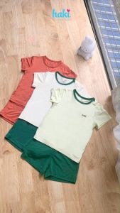 Bộ quần áo cộc tay cài vai phối màu vải sợi tre cao cấp đồ sơ sinh cho bé trai bé gái Haki (4kg - 15kg) - BB043