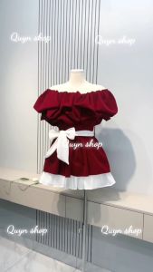 Set Áo Nhung Đỏ Trễ Vai Bèo Nhún Có Dây Đai Eo + Chân Váy Xoè Tơ Sang Chảnh
