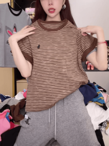 Pony Embroider Contrasting Color Cuff Stripes Short-Sleeved T-shirt Female 2024 Summer New Design Sense Versatile Slimming Top