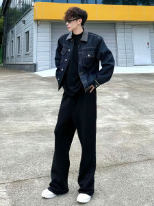 กางเกงยีนส์ทรงหลวมเอวสูงทรงขาตรงสีดำสไตล์อเมริกันสำหรับผู้ชาย กางเกงขายาวทรงหลวมสไตล์ฮิปฮอป