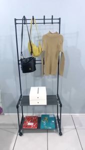 Stand Hanger Rak Gantungan Baju Tas Berdiri Rak Sepatu 2 Susun Jemuran Roda Besi Stainless