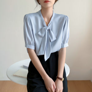 Gray Blue Bow Tie Short Sleeve Shirt Womens Summer Professional Formal Top Work Uniform Interview Set Chiffon Blouse