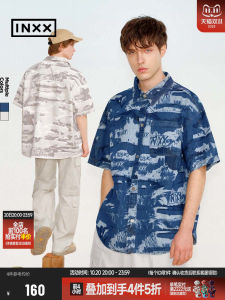 INXX Celebrity Street Style Loose Casual Mens Denim Shirt Short Sleeve Car Pattern Cotton Youth Summer Fashion Outerwear